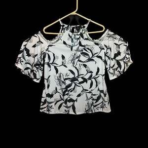 Worthington White Black Tropical Floral Cold Shoulder Blouse